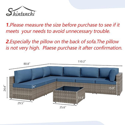 7 Piece Outdoor Patio Furniture Set,Natural PE Rattan Wicker Sectional Sofa, All Weather Conversation Set with Washable Cushions & Glass Coffee Table for Backyard Poolside Garden Porch,Navy Blue