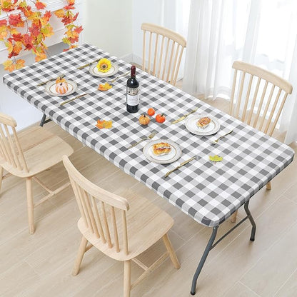 Smiry Rectangle Picnic Table Cloth, Elastic Waterproof Fitted Vinyl Tablecloths, Flannel Backed Buffalo Plaid Table Covers for Dining, Camping, Outdoor (White and Grey, 24" x 48")