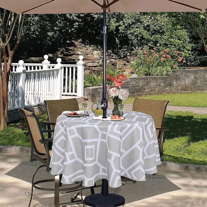 LUSHVIDA Moroccan Outdoor Round Tablecloth with Umbrella Hole and Zipper, 60 Inch Silver, Waterproof Wrinkle Free Table Cloth Decorative Fabric Washable Table Cover for Patio, Party, Picnic
