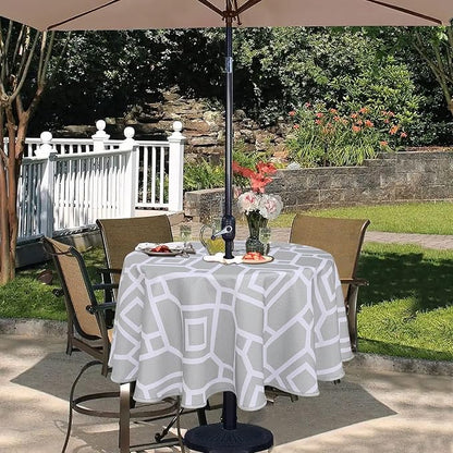 LUSHVIDA Moroccan Outdoor Round Tablecloth with Umbrella Hole and Zipper, 60 Inch Silver, Waterproof Wrinkle Free Table Cloth Decorative Fabric Washable Table Cover for Patio, Party, Picnic
