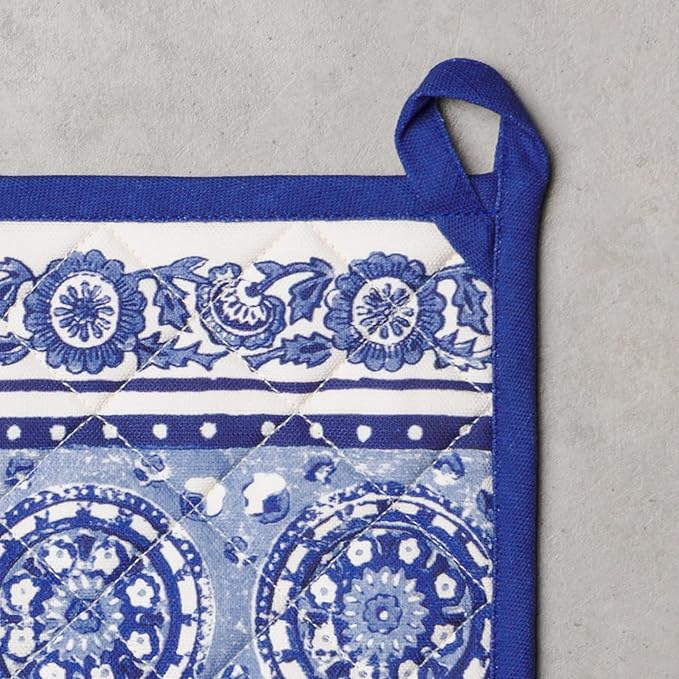 Maison d' Hermine Pot Holders 100% Cotton Heat Resistant Potholders 8" x 8" Hot Pads with Loop BBQ Cooking Baking Hotel Farmhouse Kitchen Handling Hot Pans Spring Summer (Pack of 2, Melodie Bleue)