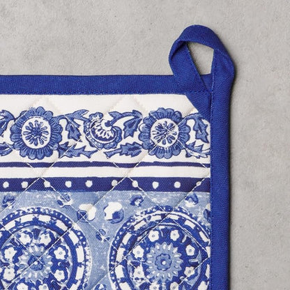 Maison d' Hermine Pot Holders 100% Cotton Heat Resistant Potholders 8" x 8" Hot Pads with Loop BBQ Cooking Baking Hotel Farmhouse Kitchen Handling Hot Pans Spring Summer (Pack of 2, Melodie Bleue)