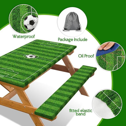 Picnic Table Cover with Bench Covers Elastic Edges, Green Soccer Theme Table Cover, Waterproof Windproof Fitted, for Outdoor Sports Parties Kids Gatherings Patio Garden, Drawstring Bag, 60 Inch 3PCS