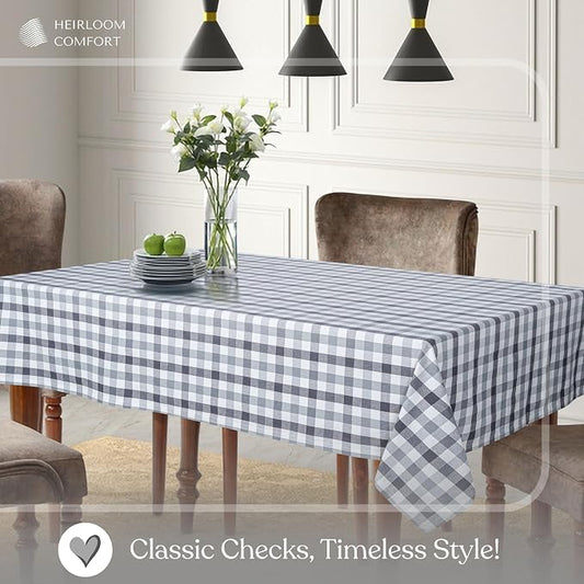 Gingham Check Tablecloth, 100% Cotton, 52x70 Inch, Durable & Washable Table Cover for Dining, Picnic, Farmhouse Kitchen, Indoor Outdoor Use - Dark Grey, Light Grey, Natural