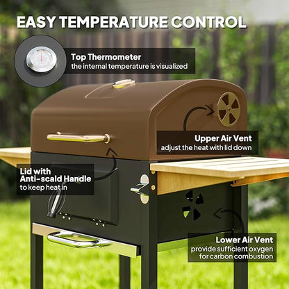 Outdoor Charcoal Grill, Barbecue Grill Charcoal with Cover & Side Table, BBQ Charcoal Grill for Camping Patio Backyard Picnic, 245 Sq. In. Cooking Area, Portable|Barrel Style (44")