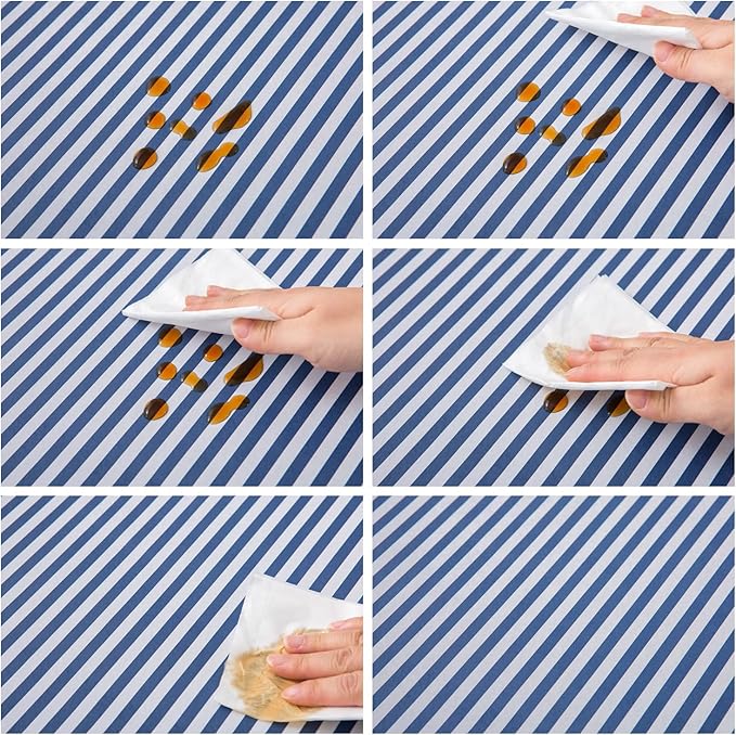 LIBERECOO Vinyl Tablecloth with Flannel Backing, Blue Stripe 60 x 84 Inch Rectangluar Tablecloths Stain-Resistant Waterproof Plastic Table Cover for Indoor/Outdoor
