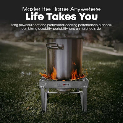 GasOne Stainless Steel Outdoor Propane Burner – High Pressure Camp Stove with Adjustable Regulator & Steel-Braided Hose