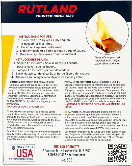 Rutland Safe Lite Fire Starter Squares - Heavy Charcoal Starters for Fireplace, Grill Pit, BBQ & Campfires - USA-Made Camping Accessories - Odorless Long Burn - 4.6 Lbs, 144 Squares