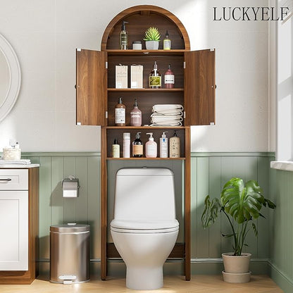 Arched Over The Toilet Storage Cabinet with Fluted Doors, 4 Tier Small Bathroom Shelf Organizer, Mid Century Modern Bathroom Cabinet with Adjustable Shelf, Slim Narrow Arch Toilet Rack, Walnut