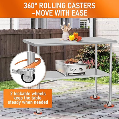 Stainless Steel Table with Wheels 30" x 48" Utility Worktable with Adjustable Undershelf for Commercial Kitchen, Garage, Restaurant