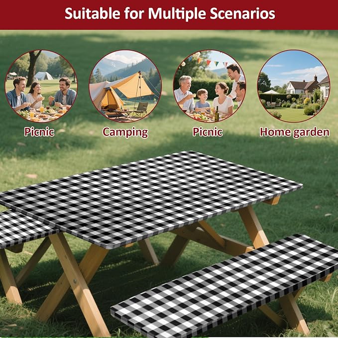 7ft 84" Picnic Table and Bench Cover, 3 Pack, Black-White Checkered | Drawstring Bag, Waterproof Windproof, Elastic Fitted Edges Tablecloth, for Rectangle Table & Seat, Camping Essentials RV Gear