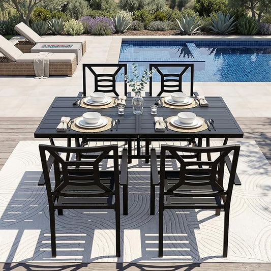 5 Pieces Patio Dining Set for 4, Large 60" Outdoor Metal Table with Universa Umbrella Hole & Stackable Iron Chairs, Patio Furniture Set for Deck, Backyard, Yard, Porch