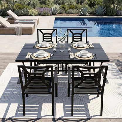 5 Piece Outdoor Patio Dining Sets, 60" Rectangular Metal Dining Table with Umbrella Hole & 4 Stackable Metal Chairs, Weather Resistant Garden Furniture Set for Backyard, Deck, Porch