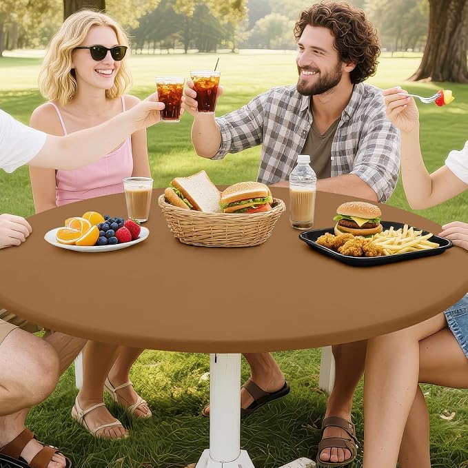 Smiry Round Spandex Tablecloth, Elastic Fitted Washable Tablecloths for 45"-56" Tables, Waterpoof Stretch Picnic Table Cover for Dining, Indoor and Outdoor, Brown