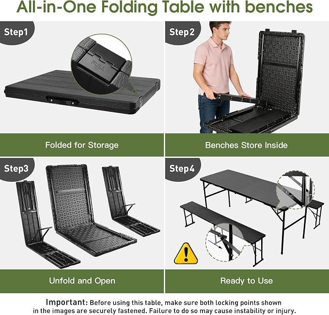 Camping table folding table and chairs foldable picnic table Portable Black | Folding Table and Bench Set: 6-ft portable picnic table with two attached benches. Ideal for camping,BBQ and outdoor events