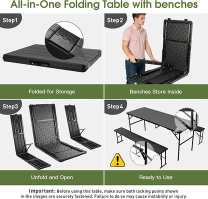 Camping table folding table and chairs foldable picnic table Portable Black | Folding Table and Bench Set: 6-ft portable picnic table with two attached benches. Ideal for camping,BBQ and outdoor events
