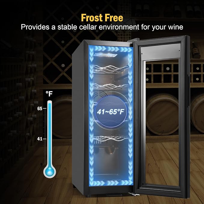 FoMup Wine Fridge 12 Bottles, Small Wine Cooler Refrigerator Freestanding with Digital Temperature Control Safety Lock, Frost Free for Red White Wine, Champagne