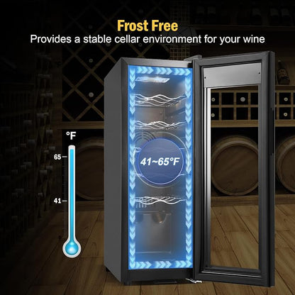 FoMup Wine Fridge 12 Bottles, Small Wine Cooler Refrigerator Freestanding with Digital Temperature Control Safety Lock, Frost Free for Red White Wine, Champagne