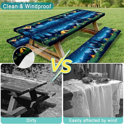 Camping Picnic Table Cover with Bench Covers, Camping Essentials, Forest Campfire Tent Flowers Outdoor Table Covers, Waterproof Windproof, Fitted Tablecloth Cover with Elastic Edge, 3 PCS, 30x72 Inch