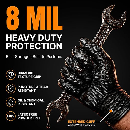Disposable 5 & 8 Mil Black Nitrile Gloves S-XL – Heavy Duty Latex & Powder-Free – Textured, Chemical-Resistant