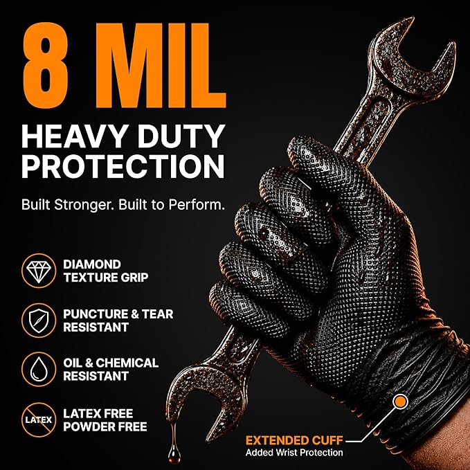 Disposable 5 & 8 Mil Black Nitrile Gloves S-XL – Heavy Duty Latex & Powder-Free – Textured, Chemical-Resistant