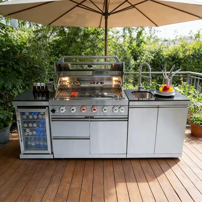 Modular Outdoor Kitchen Island, Weatherproof BBQ Pod with Grill & Sink, Outdoor Cooking Station for New Homeowner, Small Patio & Backyard Grilling