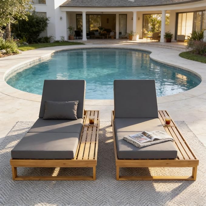 Merax 2 Piece Teak Finish Acacia Wood Chaise Lounge with 4-Inch Dark Grey 3-Fold Water-Resistant Cushion Set, 4-Position Adjustable Outdoor Patio Lounger with Flat Side Surface, for Poolside