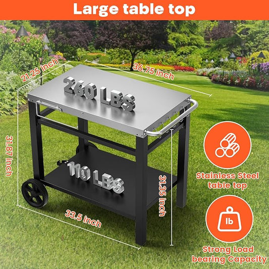 Double-Shelves Stainless Steel Flattop Grill Cart, Movable Kitchen Indoor & Outdoor Cooking Station, Fits Ninja/Ooni/Blackstone/Weber Q, Pizza Oven Food Prep Table for Party, 33.5"×21"