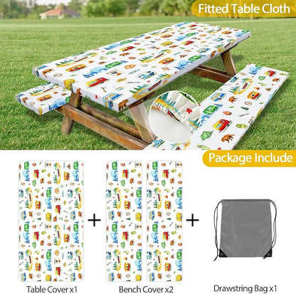 Picnic Table Cover with Bench Covers, RV Bear & Mountain Camping Tablecloth, Elastic Edges, Windproof Waterproof Fitted, for Outdoor Camping Patio Garden, with Drawstring Bag, 60 Inch 3PCS