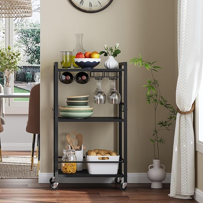 TUTOTAK Bar Cart with Wheels, Mini Drink Cart with Wine Rack & Glass Holder | 3-Tier 17 Inch Wide Home Bar Serving Carts, Small Mobile Kitchen Shelf with 6 Hooks, Black V1BC01BK035