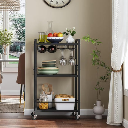 TUTOTAK Bar Cart with Wheels, Mini Drink Cart with Wine Rack & Glass Holder | 3-Tier 17 Inch Wide Home Bar Serving Carts, Small Mobile Kitchen Shelf with 6 Hooks, Black V1BC01BK035