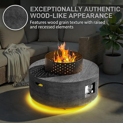 2-Piece Outdoor Propane Fire Pit Table Set w Tank Table 30'' Round Fire Pit Table w Wood Grain Firepit Table for Outside Gas Fire Pit w 304 Stainless Steel Burner 50,000 BTU, Dark Gray w Warm LED