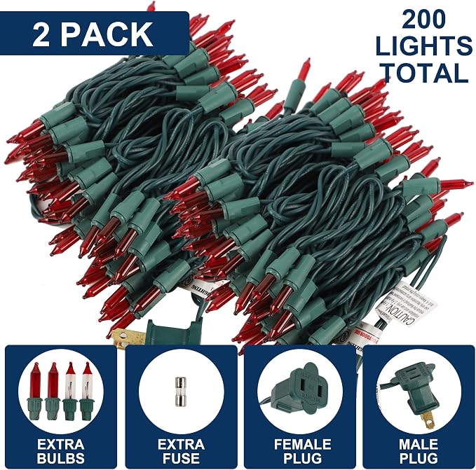 2 Pack Red Valentines String Lights, 100 Count Each, Incandescent Mini Christmas Lights, Connectable Xmas Tree Light for Indoor Outdoor Garland Birthday Holiday Wedding Festival Party