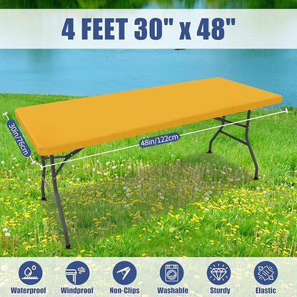 Moosfor Spandex 4 Foot Rectangle Table Cloth, Elastic Fitted Tablecloths for Picnic, Stretch Washable Patio Table Cover for Outdoor, Camping, Banquet and Parties (Mustard Yellow, 30"x48")