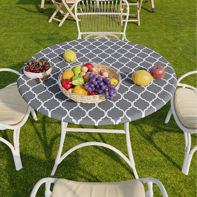 Romanstile Round Fitted Vinyl Tablecloth with Elastic Edge 100% Waterproof | Table Covers for 45"- 56" Tables, Wipeable Flannel Backed Plastic Table Cloths for Dinner Picnic Camping, GreyMoroccan
