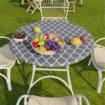 Romanstile Round Fitted Vinyl Tablecloth with Elastic Edge 100% Waterproof | Table Covers for 45"- 56" Tables, Wipeable Flannel Backed Plastic Table Cloths for Dinner Picnic Camping, GreyMoroccan