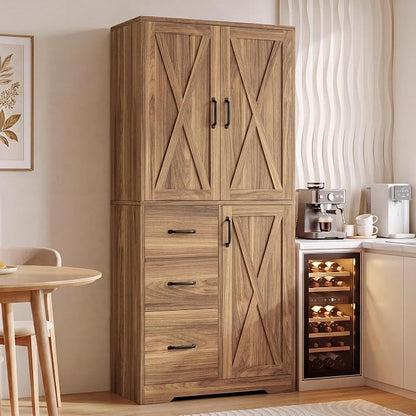 IRONCK Pantry Cabinet, Storage Cabinet with 3 Door & Drawer, Oak Brown | Adjustable Shelf. 67.5inch Tall. 5 Tier Freestanding. 150 lbs Per Shelf. Farmhouse Style. FSC-certified Wood. Anti-tip.
