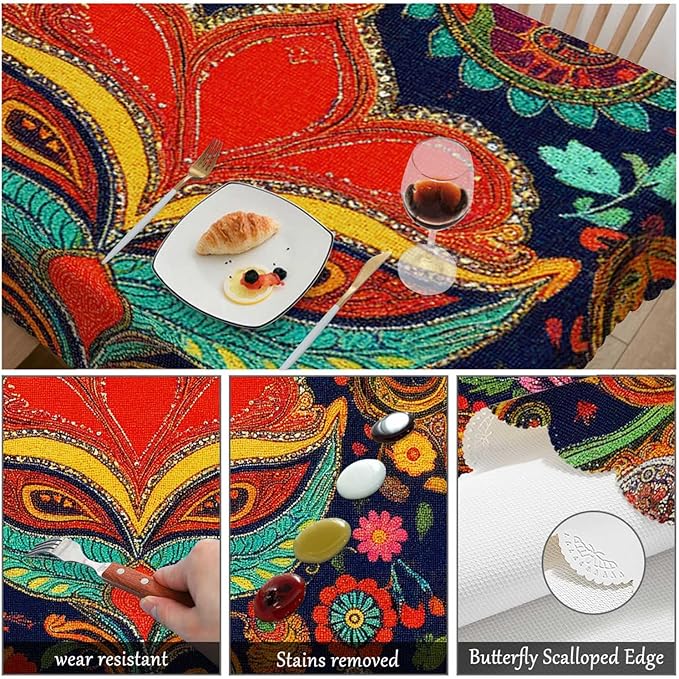 Swono Paisley Floral Rectangular Tablecloth Retro Colorful Indian Style Boho Ethnic Flowers Washable Table Cloth Kitchen Dining Room Table Cover for Party Dinner 50x72 Inch Tablecloths
