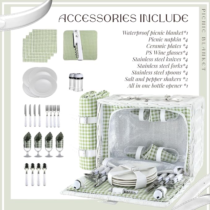 Wicker Picnic Basket Set for 4, Blanket, Cooler Bag, Green Plaid | Four-Person Wicker Set Includes Tableware, Insulated Food Storage and Waterproof Blanket for Parks, Camping, Dates and Gifts