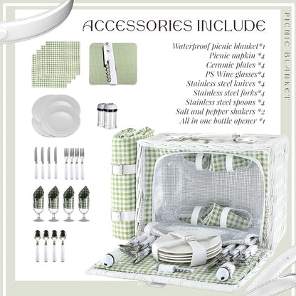 Wicker Picnic Basket Set for 4, Blanket, Cooler Bag, Green Plaid | Four-Person Wicker Set Includes Tableware, Insulated Food Storage and Waterproof Blanket for Parks, Camping, Dates and Gifts