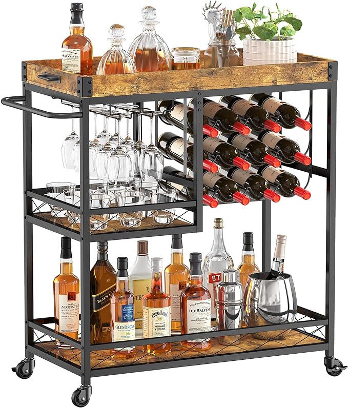 Lifewit 3 Tier Bar Cart with 12 Wine Racks, Serving Trolley, Rustic Brown | Home serving drink cart with removable tray, liquor beverage storage for kitchen dining living room, 30 x 15.7 x 36.6 inch