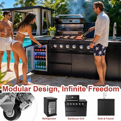 Outdoor Kitchen Island Barbecue Grill with Refrigerator & Rotisserie, Heavy-Duty Stainless Steel Freestanding Grills Station, Weather-Resistant Cooking Cabinet for Backyard & Summer Propane Gas