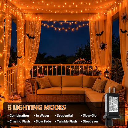YEGUO 66ft 200 LED Orange Halloween String Lights, Clear Wire Christmas String Lights Indoor, 8 Modes Twinkle Tree Lights Plug in with Timer Memory.