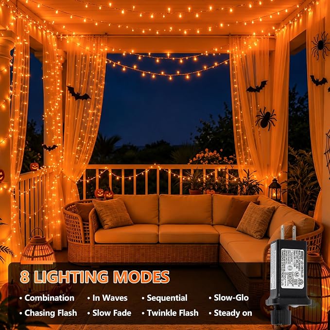 YEGUO 165ft 500 LED Orange Halloween String Lights, Clear Wire Christmas String Lights Indoor, 8 Modes Twinkle Tree Lights Plug in with Timer Memory.