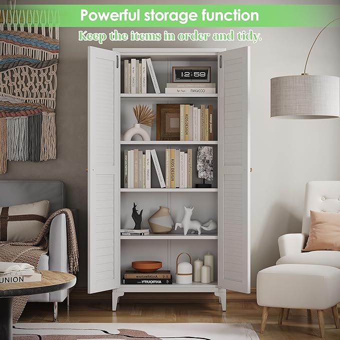 63.6" White Metal Pantry Storage Cabinet, Farmhouse Kitchen Cupboard with 3 Adjustable Shelves, Magnetic Closure, Anti-Tip Kit & Raised Legs for Kitchen, Living Room, Assembly Required