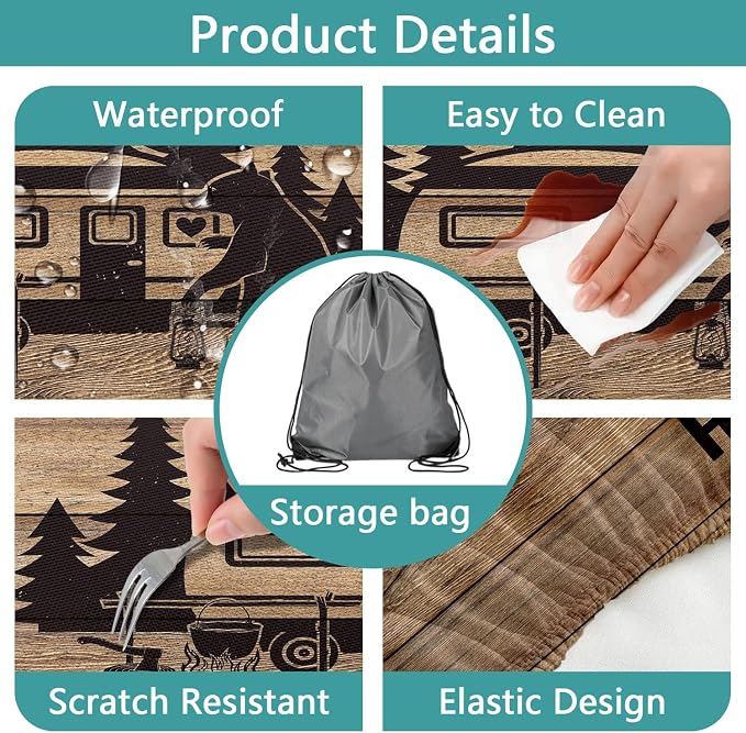 Picnic Table Cover with Bench Covers, Waterproof Windproof Fitted Outdoor Tablecloth with Elastic Rectangle Table Camping Must Haves Rv Accessories, 96in, Brown Wooden