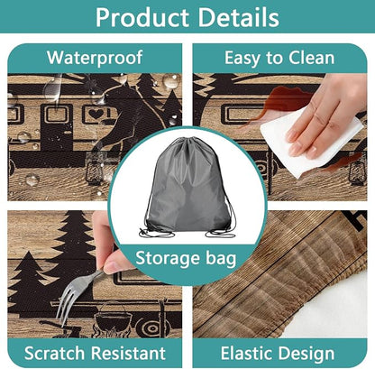 Picnic Table Cover with Bench Covers, Waterproof Windproof Fitted Outdoor Tablecloth with Elastic Rectangle Table Camping Must Haves Rv Accessories, 60in, Brown Wooden