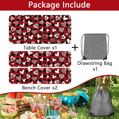 Valentines Day Picnic Table Cover with Bench Covers, Camping Essentials, Heart Buffalo Plaid Outdoor Table Covers, Waterproof Windproof, Fitted Tablecloth Cover with Elastic Edge, 3 PCS, 30x72 Inch