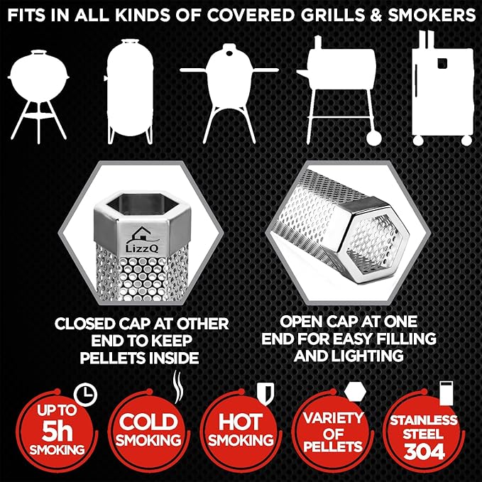 LIZZQ Premium Pellet Smoker Tube 12 inches - 5 Hours of Billowing Smoke - Hot or Cold Smoking - for Any Grill or Smoker - An Easy and Safe Way to Provide Smoking - Free eBook Grilling Ideas & Recipes