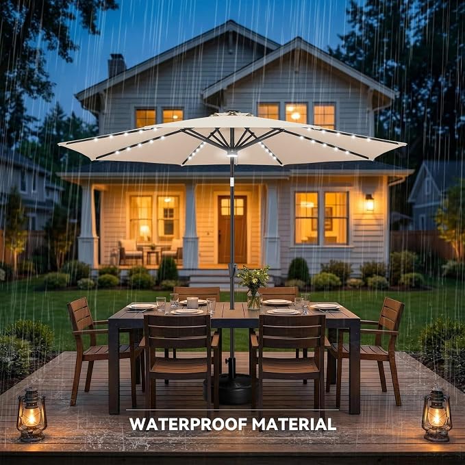 Solar Patio Umbrella with Centre Light, 10 ft Beige | 40 LED Lights, UV Protection, Solar Outdoor Umbrella for Porch, Deck, Pool, Table, Garden, Provides Evening Lighting